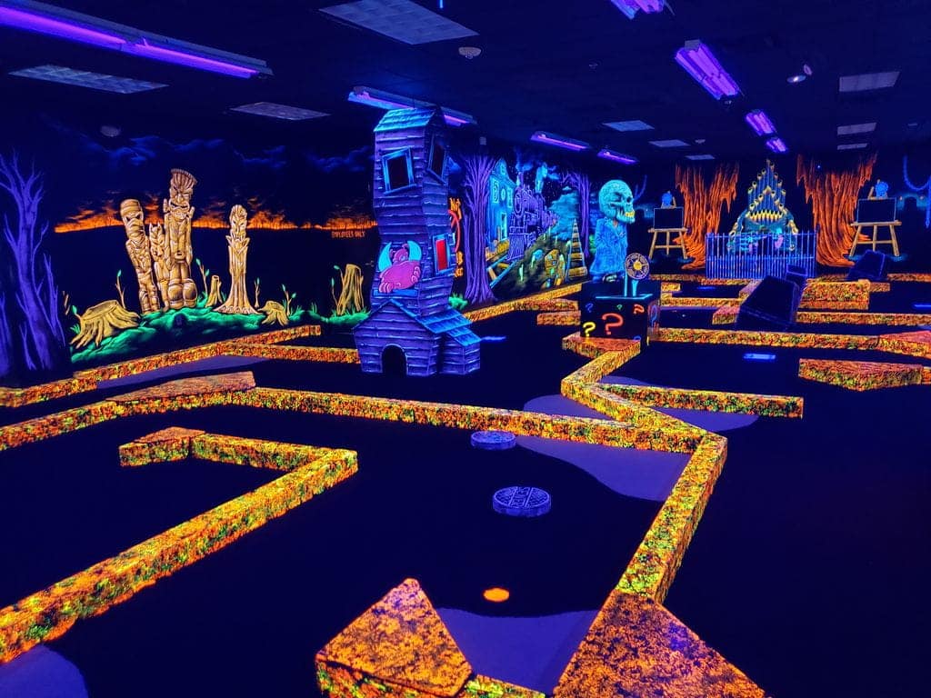 Monster Mini Golf Facilities 1 A glow-in-the-dark mini golf course at monster mini golf.